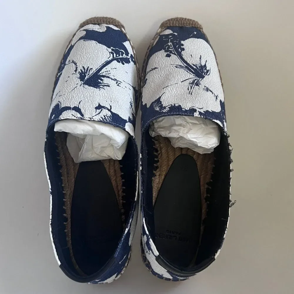 Saint Laurent Hibiscus Espadrille Flat Blue EU 37 NEW MSRP $375